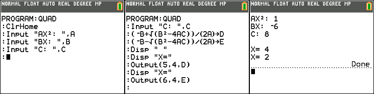 quadratic formula program steps 3, 4, and 5